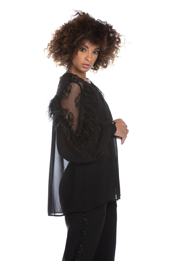 Blusa PIAVE manica lunga palloncino con pizzo più piume scollo con laccetto
