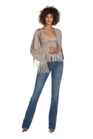 Jeans FRIDAE vita alta 5 tasche zampa con micro rotture denim