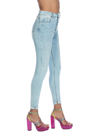 Jeans COLLI vita alta con bottoni più 5 tasche denim chiaro