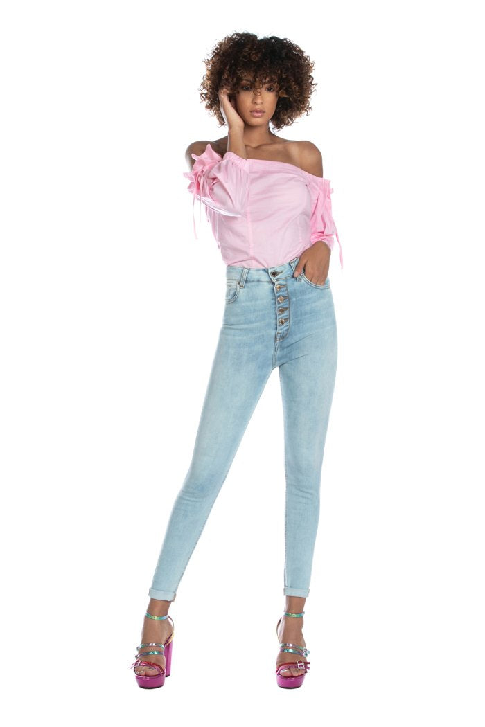 Jeans COLLI vita alta con bottoni più 5 tasche denim chiaro