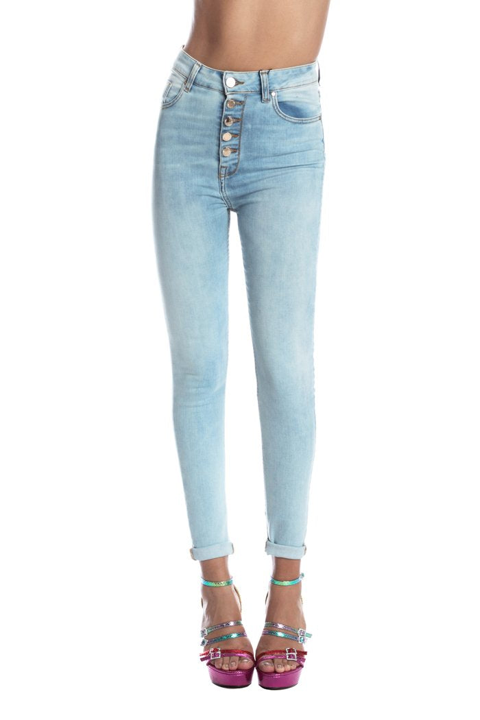 Jeans COLLI vita alta con bottoni più 5 tasche denim chiaro
