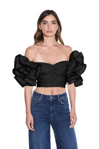 Crop-Top LUCANGY mezza manica con rouches scollo cuore più pieghe più zip