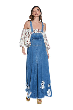 Abito CEDRIX lungo S/M effetto salopette con tasca più pinces più rotture denim
