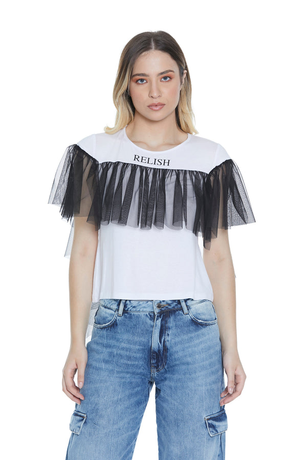 T-shirt RINAKO mezza manica con inserto tulle più stampa logo