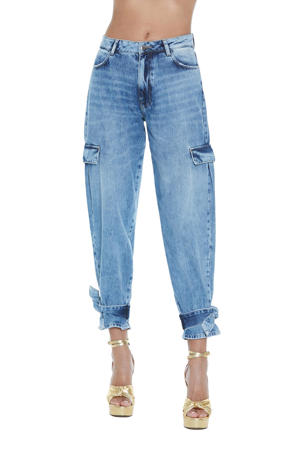 Jeans KASUGA vita alta con tasconi più laccio fondo denim