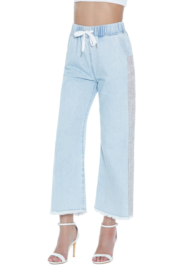 Jeans HOSHI vita alta crop con banda strass più coulisse più f.do sfrangiato denim
