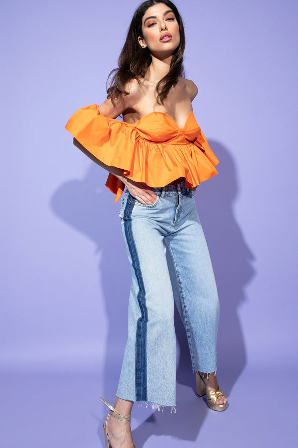 Jeans KOI vita alta zampa fondo sfrangiato denim