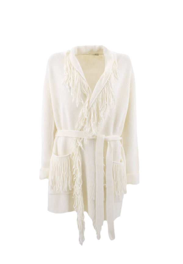 Cardigan WUNTER lungo manica lunga con frange più tasche più Cintura