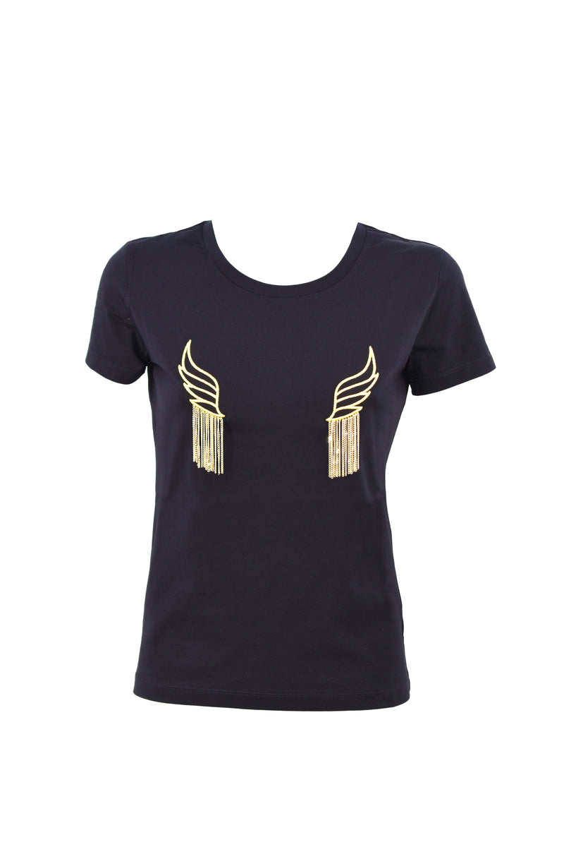 T-Shirt GRUTRE mezza manica con ricamo ali più applicazione catene