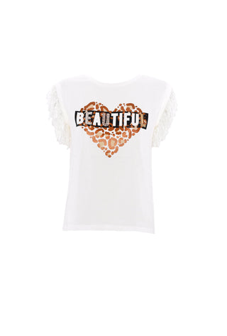 T-shirt BEGO mezza manica con frange stampa cuore più applicazione strass