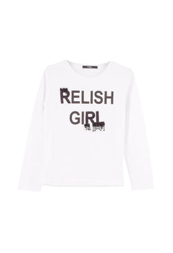 T-Shirt URSYT per bambina manica lunga Stampa Relish Girl  più Ricamo Appl.Perline E Strass