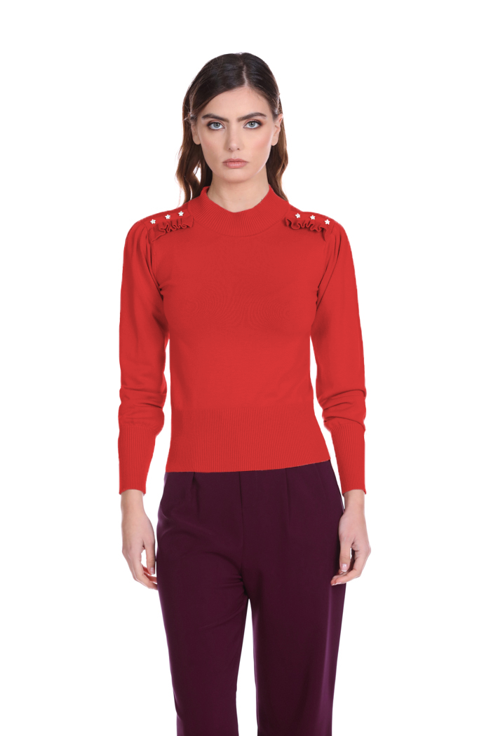 Maglia GIENFY manica lunga collo alto corto con rouches spalle più applicazione stelle